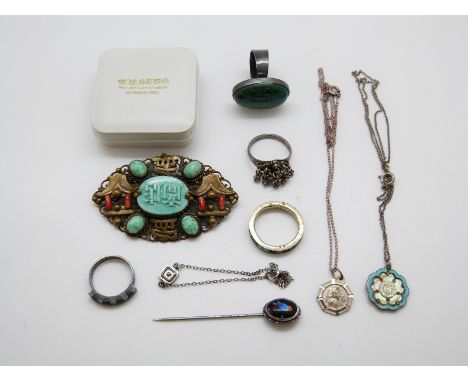 A silver necklace set with a mother-of-pearl flower and blue enamel, silver rings, Chinese brooch etc