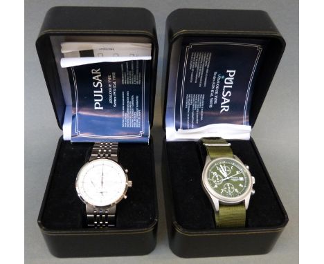 Two Pulsar gentleman's chronograph wristwatches both with date apertures, subsidiary dials and luminous hands, one Titanium o