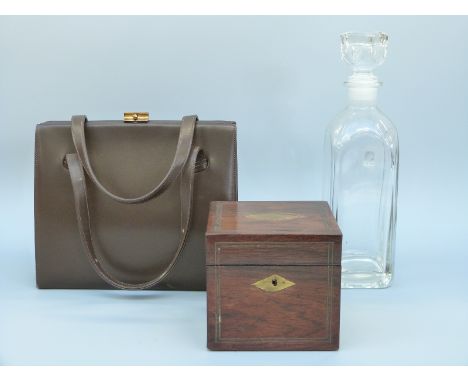 A vintage leather 'Waldybag' ladies handbag with matching purse, 19thC rosewood teacaddy and an Italian glass decanter 