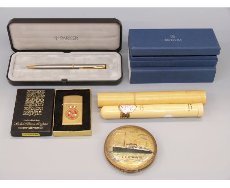 Parker pen, compact, cigar and holder, Zippo lighter etc