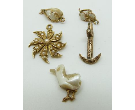 A natural pearl in the form of a chick, two pearls and a 15ct gold pendant set with seed pearls 