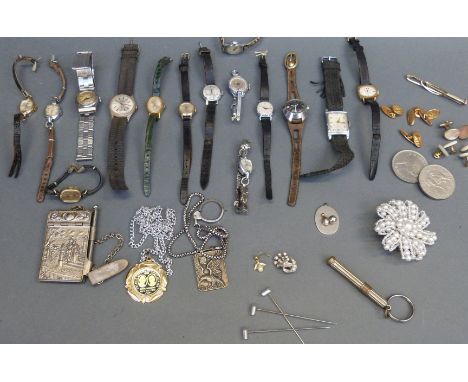 A collection of vintage watches and jewellery including Timex, Rolex style stainless steel wristwatch, Siro, Sekonda, cufflin