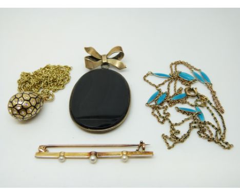 A 9ct gold necklace, Victorian enamel necklace and Victorian brooch, and a 9ct gold brooch set with pearls