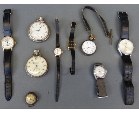 Nine ladies and gentleman's wrist and pocket watches including a silver ladies fob watch, Everite King wristwatch, silver tre