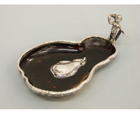 A Victorian hallmarked silver mounted pear shaped tortoiseshell trinket dish, Birmingham 1893 maker Nathan Hayes, length 10cm