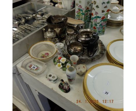 A mixed assortment of items of silver plate and porcelain, including a silver plated hip flask, Rosenthal vases and assorted 