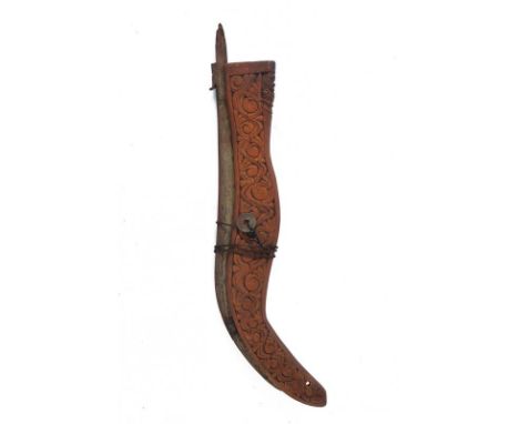 dating: 19th/20th Century provenance: Bali, Curved, single-edged blade, in pamor, with tang (19th century). Wooden scabbard m