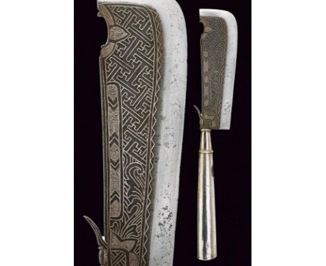 dating: circa 1900 provenance: Bali, Wide, single-edged blade with round tip, base with a rest, engraved with silver-inlaid f