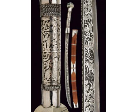 dating: circa 1900 provenance: Burma, Strong, iron blade, with finest, silver-inlaid engravings with various deities, figures