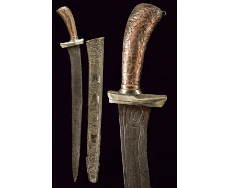 dating: circa 1900 provenance: Giava, Straight, single-and false-edged blade, in fine pamor; hilt covered with silvered, copp