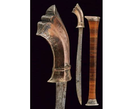 dating: Late 19th Century provenance: Malaysia, Straight, single-edged blade, in fine pamor. Grip completely covered with sil