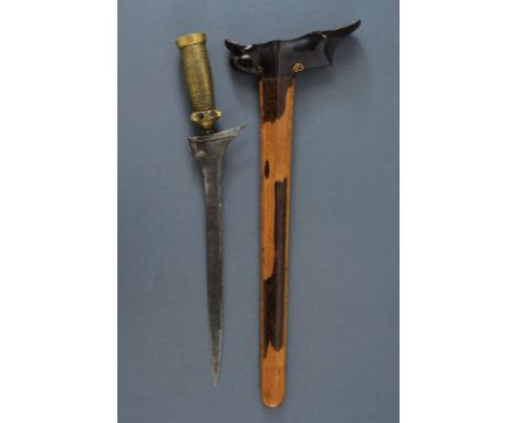 dating: Late 19th Century provenance: Bali, Straight, double-edged blade, in pamor, with chiselled base. Brass ukiran, engrav