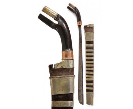 dating: 19th Century provenance: Sumatra, Single-edged blade, enlarged toward the foible, with tang. Horn grip, embossed, wit