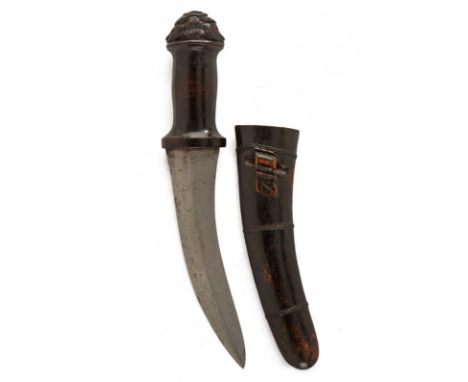 dating: circa 1900 provenance: Sumatra, Curved, double-edged blade, ribbed in the center. Wooden grip and scabbard, partially