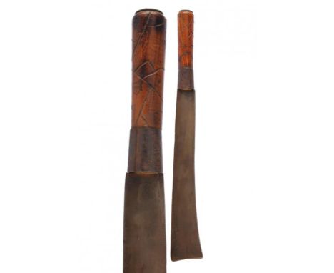 dating: 19th/20th Century provenance: Sumatra, Wide, single-edged blade with straight tip. Wooden grip, engraved with iron ri