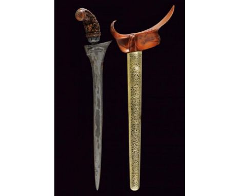 dating: 19th Century provenance: Madura Island, Straight, smooth double-edged blade, in fine pamor, base inlaid with a six po