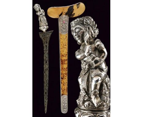 dating: circa 1900 provenance: Bali, Straight, smooth double-edged blade, in fine pamor. Ukiran and selut completely covered 