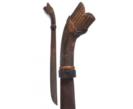 dating: 19th Century provenance: Sumatra, Wide and heavy, single-edged blade, in pamor. Horn, embossed grip and with fiber, b