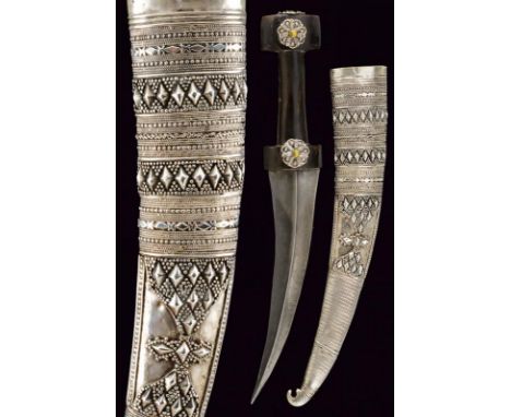 dating: circa 1900 provenance: Balkans, Curved, double-edged blade with central raiser, probably in damask. Horn, double 'T'-