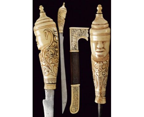 dating: 1930/40 provenance: Sumatra, Single-edged blade, with narrow tang. Ivory grip, richly embossed with a face and floral