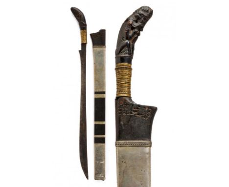 dating: circa 1900 provenance: Sumatra, Curved, single-edged blade, with dent at the base and reduced tang. Wooden grip, embo