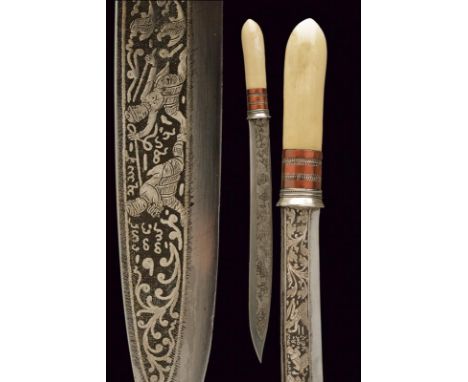 dating: Late 19th Century provenance: Burma, Strong, iron blade, with finest, silver-inlaid engravings with various deities, 