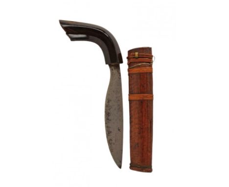 dating: 19th Century provenance: Sulawesi, Straight, curved, single-edged blade. Horn, embossed grip with angled pommel. Wood