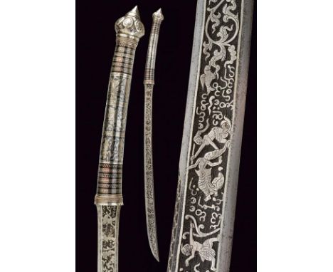 dating: circa 1900 provenance: Burma, Strong, iron blade with finest, silver-inlaid engravings with various deities, figures,