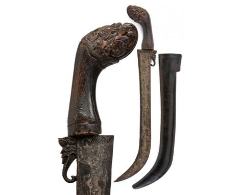 dating: 19th Century provenance: Sumatra, Interesting, single-edged blade, with curved tip, in finest pamor, chiselled base, 