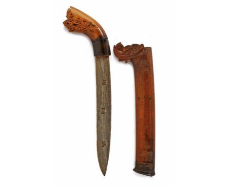 dating: circa 1900 provenance: Palembang, Interesting, slightly curved, single-edged blade, in fine pamor, three small openin