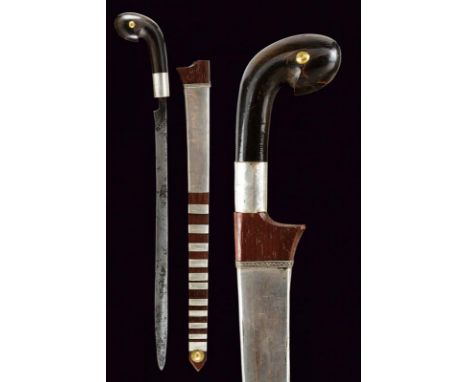 dating: 19th Century provenance: Sumatra, Single-edged blade with narrow tang. Horn, embossed grip with ring-nut in silver fo