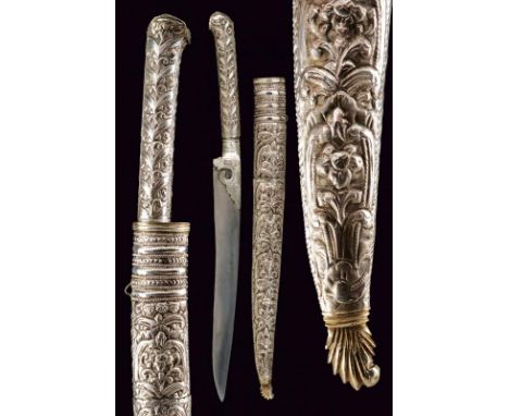 dating: circa 1900 provenance: Turkey, Single-edged blade. Grip covered with silver foil, embossed with floral motifs, pommel