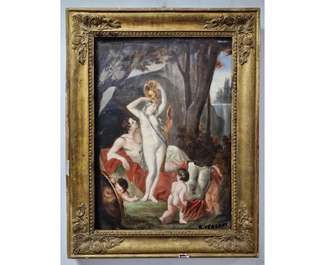 'Mars and Venus' - an antique European painting, oil on paper, attached to a board, more than a century old. Several creases,