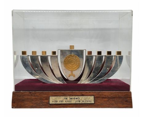 Menorah of the Israel Broadcasting Authority, a tribute to Shmuel Shay, made of silver and gold-plated metal. Made of sterlin