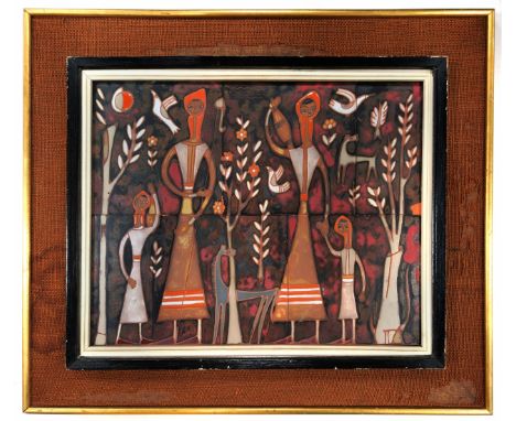 Panos Valsamakis, Greek artist - 'Women and girls', a ceramic image consisting of enamel painted tiles, signed, glaze defect 