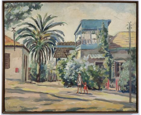 Izio Sharaf (Ukraine / Romania - Israel, 1913-1997), 'Mother and daughter near a red gate' - painting. Oil on canvas, signed:
