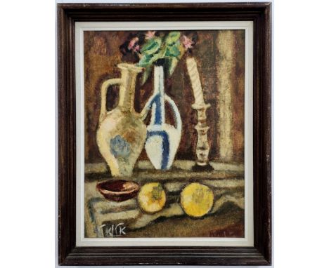 Arieh Allweil - 'Still Life with Candlestick' - Oil painting on panel, signed. Dimensions: 50x40 cm, Frame dimensions: 61X49 