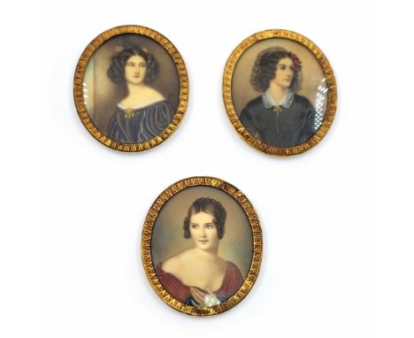 3 hand-painted miniatures and signed according to ell-known masterpiec, painted miniatures on bakelite plates. 1. "Beautiful 