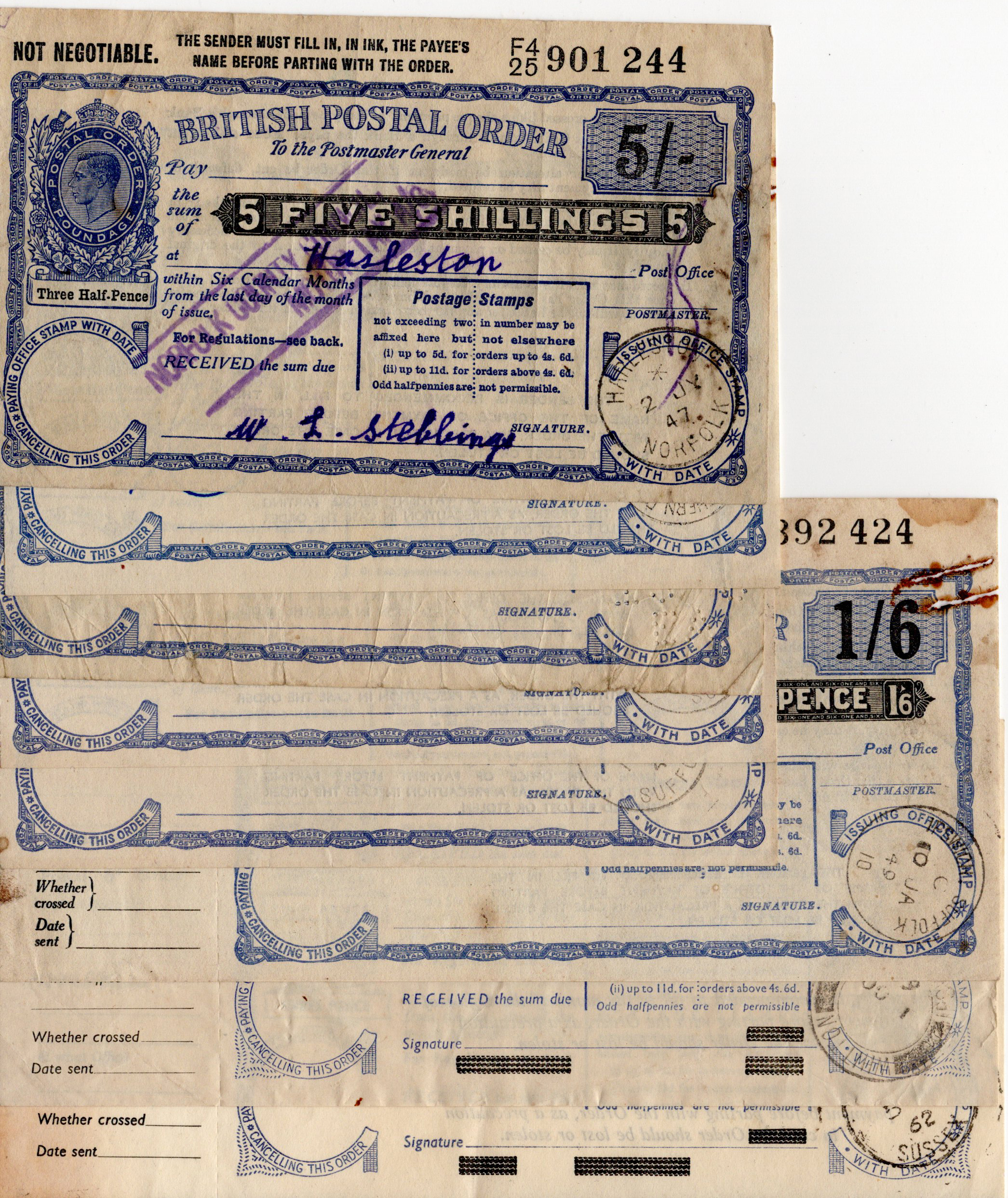 British Postal Orders (8) a range of denominations from 6 Pence to 5 Shillings, 6 with King