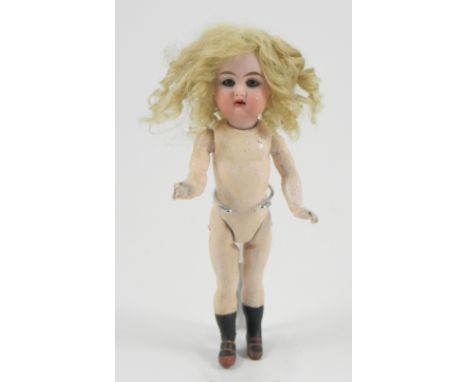 Small K&R bisque head doll, German circa 1910,  with weighted blue glass eyes, open mouth and blonde wig, on a five piece com
