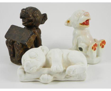 Three Bonzo figurines, including white ceramic seated Bonzo bookend,  by Wilkinson ltd, another similar Bonzo in brown compos