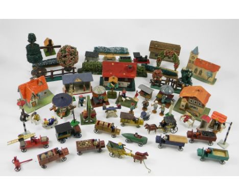 Collection of Erzgebirge wooden toys, 1920s, good selection of painted wooden toys including Fire engine with ladder, Omnibus