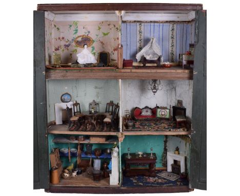 A rare early English dolls house cupboard and contents, circa 1850, the painted natural wood effect exterior with two hinged 