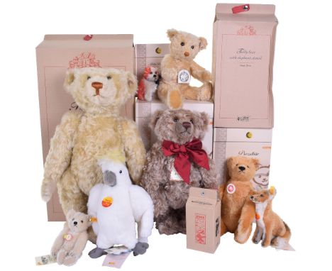 Nine Replica Steiff Teddy bears and soft toys, including limited edition Teddy bear ‘Old Gold’ 01865/4000, boxed with certifi