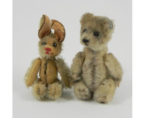 Miniature Schuco Teddy bear and Rabbit, German 1920’s, the tan mohair bear with glass eyes, stitched nose and mouth and joint