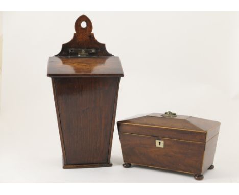 Provincial oak candle box, traditional tapered form with hinged cover, 44.5cm; also a Regency mahogany sarcophagus tea caddy,