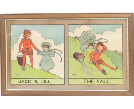 John Hassall (1868-1948), Chromolithographic nursery print 'Jack and Jill', mounted within a contemporary frame, 55cm x 88cm