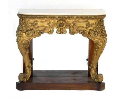 Victorian marble topped gilt moulded and rosewood console table, the marble top over a deep frieze heavily moulded with acant