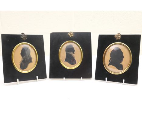 Two portrait silhouettes of gentlemen, Mr R Leigh and G W Fleture (?), both oval, 8.5cm x 7cm; and a portrait silhouette of R
