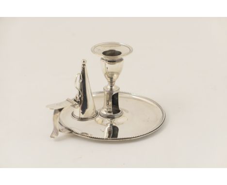 George III silver chamber stick and snuffer, London 1785, plain form with beaded border, with snuffer and removable nozzle, 1